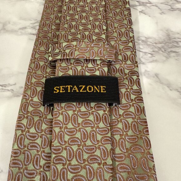 Handmade Setazone 100% Silk Tie  Brown Green Paisley Elegant Design Iridescent - Picture 13 of 14